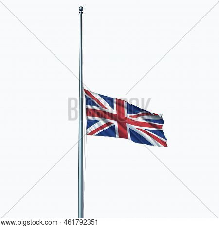 Great Britain And United Kingdom In Mourning As The Union Jack Flag At Half Mast On The Flagpole Or 