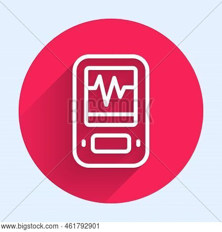 White Line Seismograph Icon Isolated With Long Shadow Background. Earthquake Analog Seismograph. Red