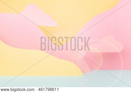 Abstract Empty Stage Mockup - Paper Landscape With Pink Clouds, Sunbeam Glare, Mountains Yellow, Min