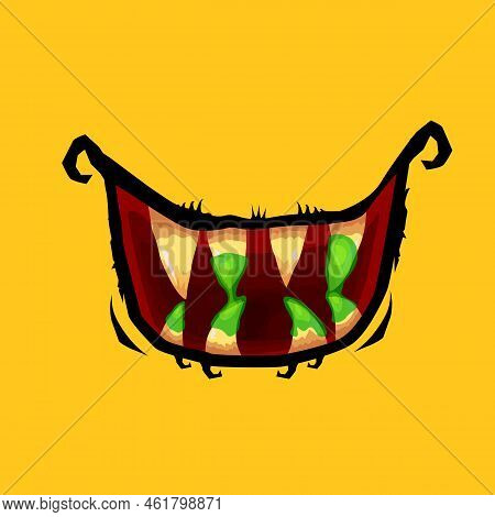 Vector Cartoon Funny Zombie Monster Open Mouth With Drooling Green Slime Isolated On Orange Backgrou