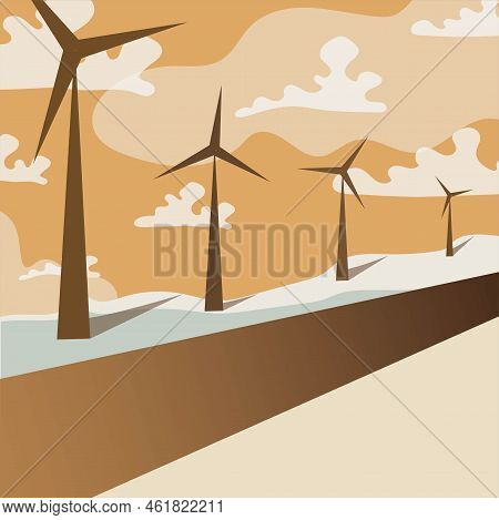 Summer Landscape With A Road And Windmills Along It. Solar Energy As An Alternative Source Of Electr