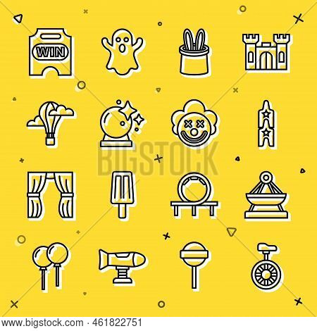 Set Line Unicycle Or One Wheel Bicycle, Boat Swing, Circus Ticket, Magician Hat And Rabbit Ears, Bal