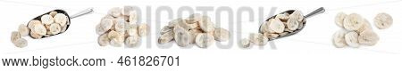 Set With Freeze Dried Bananas On White Background. Banner Design
