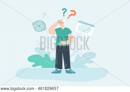 Elderly Man Forgetting About Events Flat Vector Illustration. Question Marks, Calendar And Clock Abo