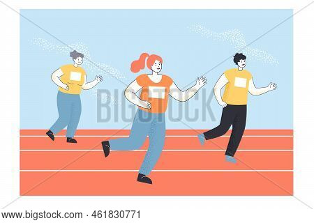 People Running Marathon Flat Vector Illustration. Young And Elderly People Competing, Doing Sport Or