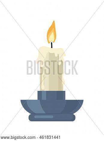 Vintage Decorative Candle. Medieval Retro Wax Candle In Silver Holder To Illuminate Castle Or Room. 