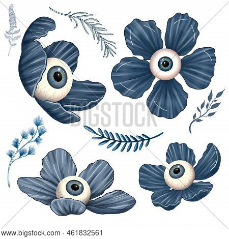 Moody Halloween Botanica, Eyeballed Blue Flowers Decoration, Blue Mystical Florals Design Elements, 
