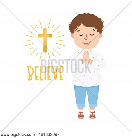 Little Boy Believing In God Praying Demonstrating Vocabulary And Verb Studying Vector Illustration