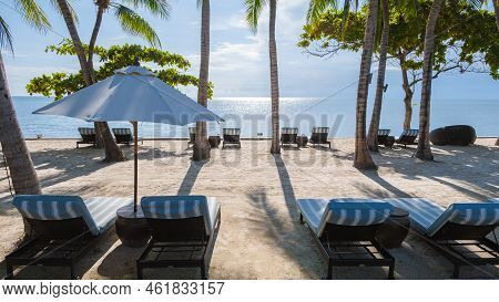 Tropical Pool With Palm Trees And Beach Bed Chairs, Beach Chairs With Beach Towel At A Pool