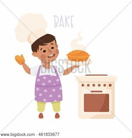 Little Boy In Toque Baking Pie Demonstrating Vocabulary And Verb Studying Vector Illustration