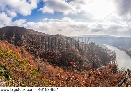 Panorama Of Duernstein Village With Castle And Danube River During Autumn In Austria, Unesco