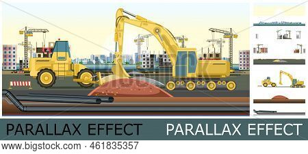 Construction Of New Microdistrict Of City. Image From Layers For Overlay With Parallax Effect. Moder