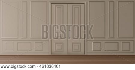 Interior In Luxury Victorian Style, Beige Wall And Closed Door With Square And Rectangular Molding S