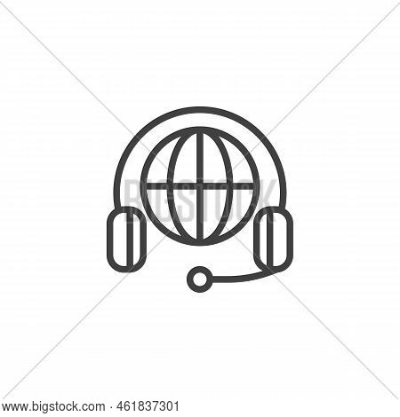 Global Support Line Icon. Linear Style Sign For Mobile Concept And Web Design. Globe With Headset Ou