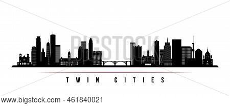 Twin Cities Skyline Horizontal Banner. Black And White Silhouette Of Twin Cities, Minnesota. Vector 