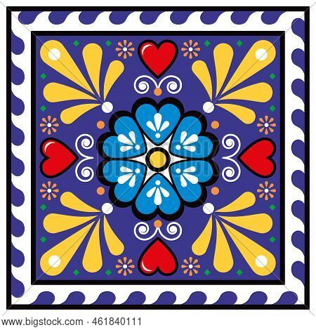 Mexican Talavera Cermic Tile Vector Single And Seamless Pattern With Florals And Leaves, Traditional