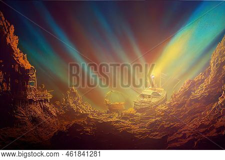 Ghost Pirate Ship Treasure On Beach. Fantasy Backdrop. Concept Art. Realistic Illustration. Video Ga
