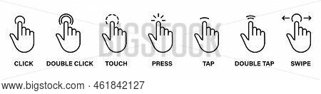 Computer Mouse Pointer Finger Line Icon Set. Cursor Hand Linear Pictogram. Click Press Double Tap To
