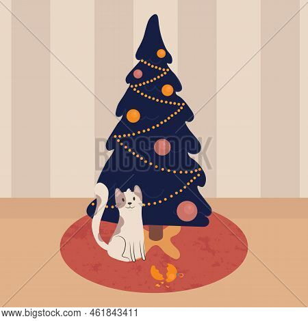 Card New Year With Funny Cat And Christmas Tree. Cat Playing Near Christmas Tree With Glass Balls.