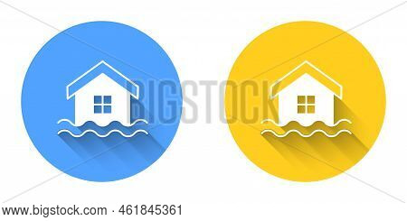 White House Flood Icon Isolated With Long Shadow Background. Home Flooding Under Water. Insurance Co
