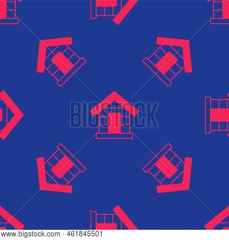 Red Dog House Icon Isolated Seamless Pattern On Blue Background. Dog Kennel. Vector