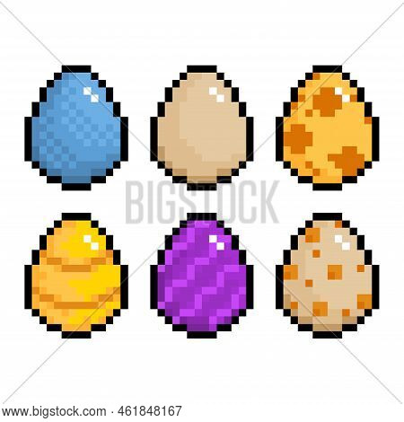 Set Of Pixel Easter Eggs, Magic Eggs From Pixel Games. 8 Bit Isolated Vector