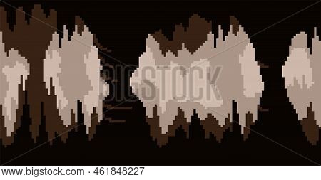 Pixel Art Game Background, Underground Cave With Stalactites And Stalagmites. Vector Seamless Backgr