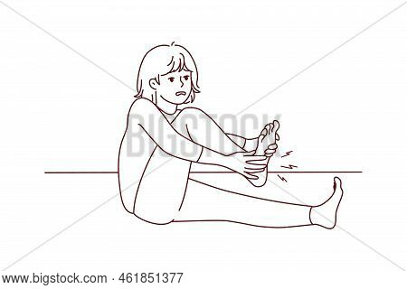 Unhealthy Woman Suffer From Cramp In Leg. Unwell Female Struggle With Pain In Sole. Healthcare And M