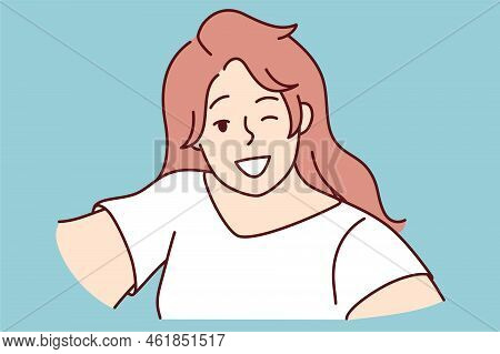 Smiling Young Woman Make Selfie On Camera. Happy Girl Have Fun Take Self-portrait Picture On Cellpho