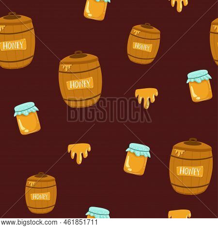 Seamless Pattern With Vector Drawings Of Handmade Barrels Of Honey. The Barrel Is Flat, Cartoony. Re
