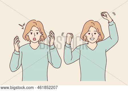 Young Woman Feeling Unhappy And Happy Showing Different Emotions. Emotional Girl Feel Stressed And E
