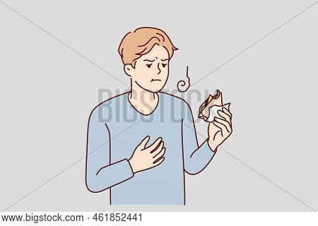 Unwell Young Man Feel Bad Eating Sandwich. Unhealthy Guy Have Indigestion Or Food Poisoning After Sn