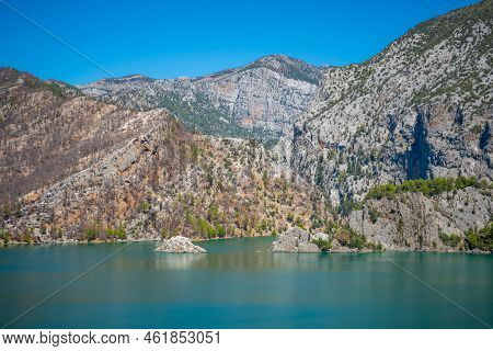 Mountain Lake. Emerald Water Reservoir Behind The Dam Oymapinar. Green Canyon In Manavgat Region, Tu