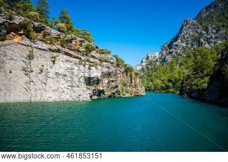 Mountain Lake. Emerald Water Reservoir Behind The Dam Oymapinar. Green Canyon In Manavgat Region, Tu