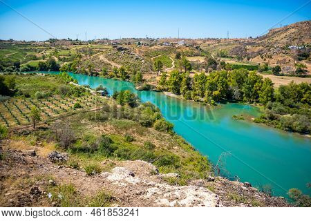 Mountain Lake. Emerald Water Reservoir Behind The Dam Oymapinar. Green Canyon In Manavgat Region, Tu
