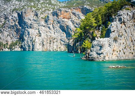 Mountain Lake. Emerald Water Reservoir Behind The Dam Oymapinar. Green Canyon In Manavgat Region, Tu