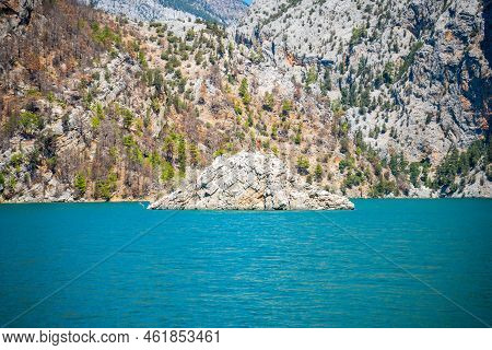 Mountain Lake. Emerald Water Reservoir Behind The Dam Oymapinar. Green Canyon In Manavgat Region, Tu