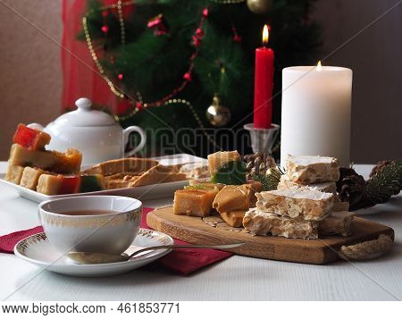 Mediterranean Turron - Soft Nougat With Almonds And Fruits. Christmas Sweet.  Christmas Tree In The 