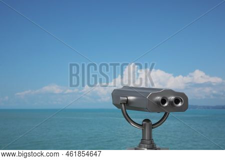 Metal Tower Viewer Installed Near Sea, Space For Text. Mounted Binoculars