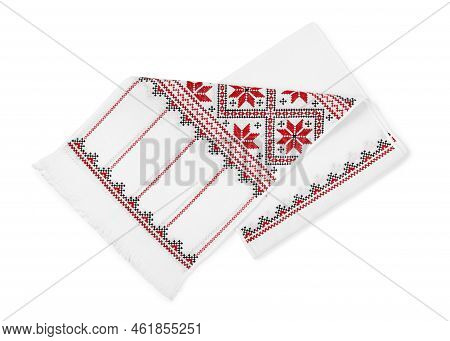 Beautiful Rushnyk On White Background, Top View. Ukrainian National Embroidery