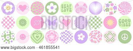 Y2k Stickers Set. Funny Butterfly, Daisy, Wave, Chess, Mesh, Smile In Trendy Retro 2000s Style.