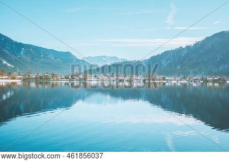Picturesque Fishing Village On The Coast Of The Lake Tegernsee. Alpine Mountains In Bavaria. Mountai