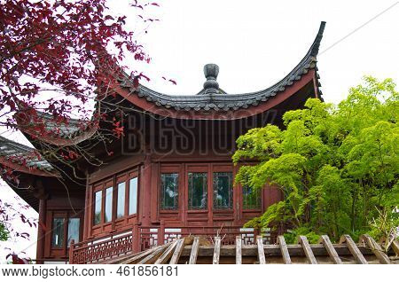 Haren, Netherlands - May 23, 2022: Beautiful View Of Oriental Building In Chinese Garden