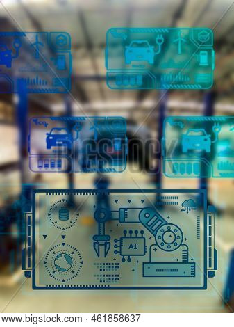 Hologram With Icon On Virtual Screen, Smart Factory Technology Interface In Car Factory Industrial. 