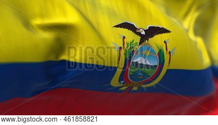 Close-up View Of The Ecuador National Flag Waving In The Wind. The Republic Of Ecuador Is A Country 