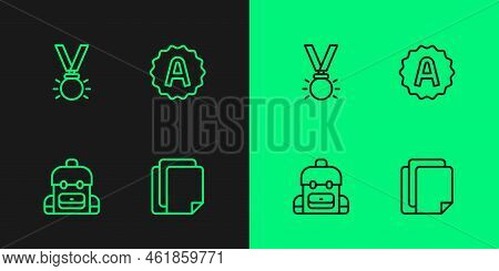 Set Line File Document, School Backpack, Medal And Exam Sheet With A Plus Grade Icon. Vector