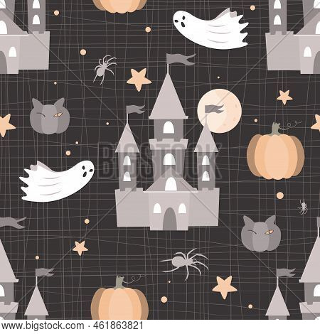 Halloween Pattern. Horror Background. Darc Castles, Pumpkin, Spiders And Ghosts. Scary, Spooky Backg
