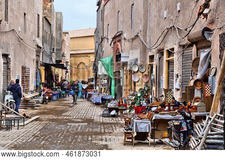Marrakech, Morocco - February 20, 2022: People Visit Souk In Medina (old Town) Of Marrakech City, Mo