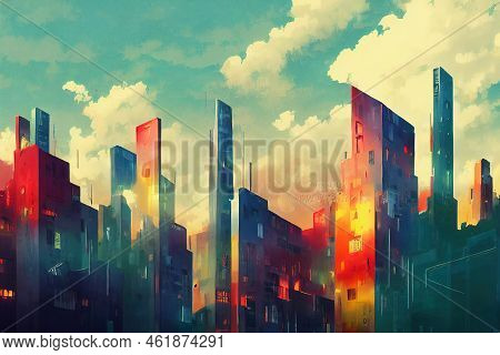 2d Stylised Painting Like Illustration Of Freetown Abstract City