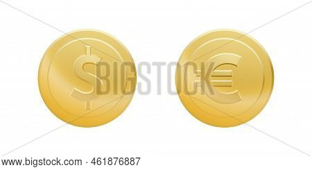 Set Of Gold Dollar And Euro Coins Isolated On White Background. Vector Illustration